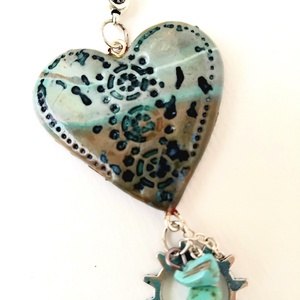 Tengerszem Valentin napi szív medál láncon, kézzel festett köszönőkártyával - ékszer - nyaklánc - medálos nyaklánc - Meska.hu