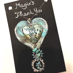 Tengerszem Valentin napi szív medál láncon, kézzel festett köszönőkártyával - ékszer - nyaklánc - medálos nyaklánc - Meska.hu