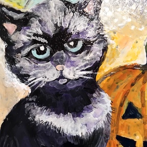 Novemberi mesék: Fekete macska viaszfestmény keret nélkül fekete enkausztikus papírra A4-es - művészet - festmény - festmény vegyes technika - Meska.hu