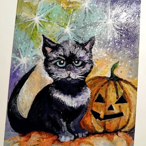 Novemberi mesék: Fekete macska viaszfestmény keret nélkül fekete enkausztikus papírra A4-es - művészet - festmény - festmény vegyes technika - Meska.hu