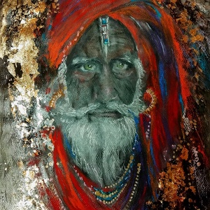 A Guru mixed media pasztell-akril-goldfoil festmény pasztellpapíron, kartonra kasírozva, keret nélkül, A3 - művészet - festmény - festmény vegyes technika - Meska.hu