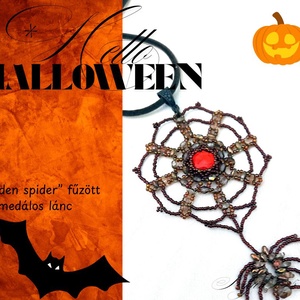 Aranypók gyöngyfűzött pókot és pókhálót szimbolizáló medálos nyaklánc, Halloweenra, Ékszer, Nyaklánc, Medálos nyaklánc, Ékszerkészítés, Gyöngyfűzés, gyöngyhímzés, MESKA