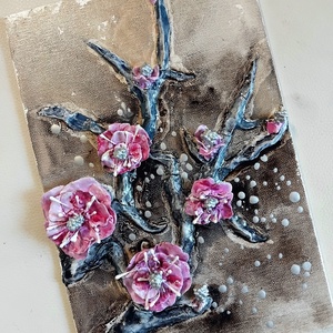 Sakura 1. agyagkép levegőn száradó agyagból kasírozott vásznon, keret nélkül, 24x16 - művészet - festmény - festmény vegyes technika - Meska.hu