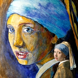 Lány gyöngy fülbevalóval replika expresszionista stílusban, akvarell ceruzával, A4, Művészet, Grafika & Illusztráció, Egyéb rajzok, Fotó, grafika, rajz, illusztráció, MESKA