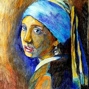 Lány gyöngy fülbevalóval replika expresszionista stílusban, akvarell ceruzával, A4 - művészet - grafika & illusztráció - egyéb rajzok - Meska.hu