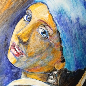 Lány gyöngy fülbevalóval replika expresszionista stílusban, akvarell ceruzával, A4 - művészet - grafika & illusztráció - egyéb rajzok - Meska.hu