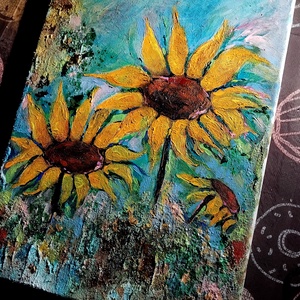 Napraforgók mixed media metálfóliás akril festmény feszített vásznon, 20x30, keret nélkül - művészet - festmény - festmény vegyes technika - Meska.hu
