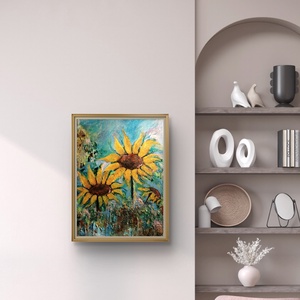 Napraforgók mixed media metálfóliás akril festmény feszített vásznon, 20x30, keret nélkül - művészet - festmény - festmény vegyes technika - Meska.hu