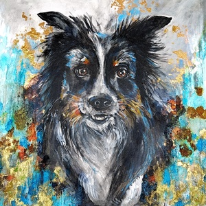 A kutya neve: Sly mixed media akril festmény; 40x40; keret nélkül, Művészet, Festmény, Festmény vegyes technika, Festészet, MESKA