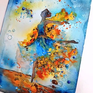 A táncos akvarell festmény arany füstfóliával, A5-ös, keret nélkül - művészet - festmény - akvarell - Meska.hu