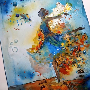 A táncos akvarell festmény arany füstfóliával, A5-ös, keret nélkül - művészet - festmény - akvarell - Meska.hu