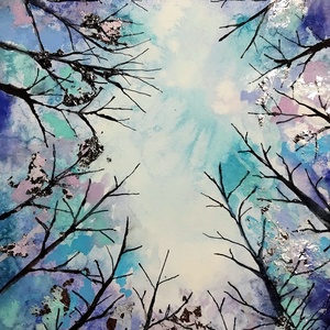 Téli fák akvarell festmény ezüst füstfóliával, A5-ös, keret nélkül - művészet - festmény - akvarell - Meska.hu