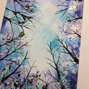 Téli fák akvarell festmény ezüst füstfóliával, A5-ös, keret nélkül - művészet - festmény - akvarell - Meska.hu