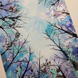 Téli fák akvarell festmény ezüst füstfóliával, A5-ös, keret nélkül - művészet - festmény - akvarell - Meska.hu