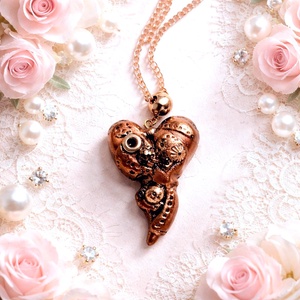 Valentin napi steampunk szív medál rózsaarany medálvezetőn, nemesacél réz színű láncon - Meska.hu