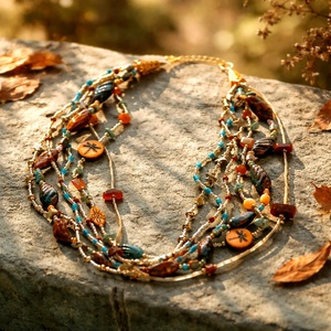 Bohém nyár 1.: A szitakötő tánca, többszálas dizájner nyaklánc, középhosszú viselet, bohém, nyárra, Ékszer, Nyaklánc, Gyöngyös nyaklánc, Ékszerkészítés, Gyöngyfűzés, gyöngyhímzés, MESKA