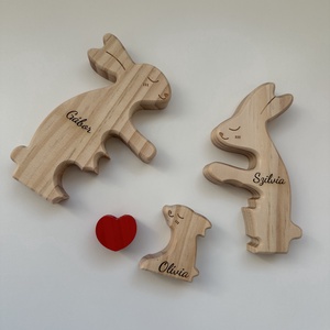Ölelkező 3 tagú nyuszi család puzzle fa dísz testreszabható nevekkel - otthon & életmód - babaszoba, gyerekszoba - babaszoba dekoráció - Meska.hu