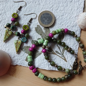 Fuxia Pixie fülbevaló és karkötő , Ékszer, Ékszerszett, Gyöngyfűzés, gyöngyhímzés, MESKA