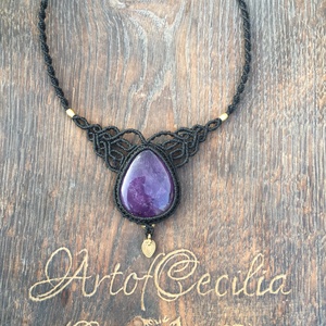 Ametiszt köves  makramé nyaklánc elegáns fekete makraméval. Gyógyitó kristály nyakék. Fekete makramé nyaklánc.  - ékszer - ékszerszett - Meska.hu