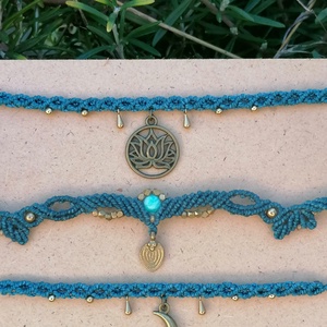 Labradorit fejdisz. Makramé nyaklánc réz gyöngyökkel. Kék fényü labradorit leveles nyakék. Egyedi tündérnyakék. - ékszer - lábdísz és testékszer - piercing, fejdísz - Meska.hu