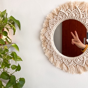 Bohém makramé mandala tükör - kör alakú, falra akasztható dekoráció - otthon & lakás - dekoráció - tükör - Meska.hu
