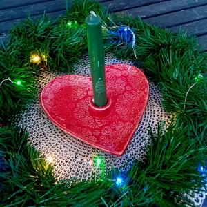 Szív alakú kerámia gyertyatartós tál, piros - karácsony - adventi díszek - adventi asztaldísz - Meska.hu
