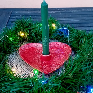 Szív alakú kerámia gyertyatartós tál, piros - karácsony - adventi díszek - adventi asztaldísz - Meska.hu