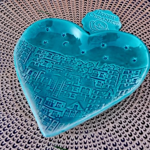 Ház mintás kerámia tál, türkiz - esküvő - dekoráció - asztaldísz - Meska.hu