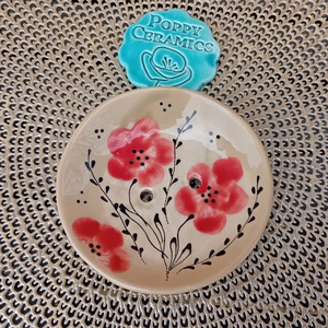 Piros virág mintás kerámia szappantartó, bézs, Otthon & Életmód, Fürdőszoba, Szappantartó, Kerámia, Festett tárgyak, MESKA