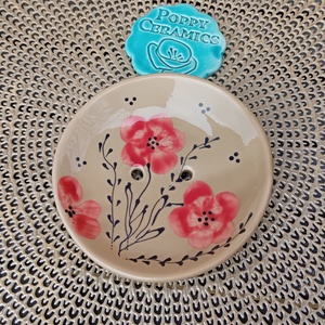 Piros virág mintás kerámia szappantartó, bézs - otthon & életmód - fürdőszoba - szappantartó - Meska.hu