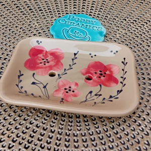 Piros virág mintás  kerámia szappantartó,bézs - otthon & életmód - fürdőszoba - szappantartó - Meska.hu