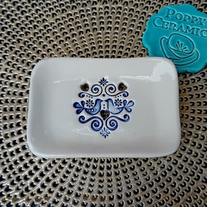 Kék madárka mintás kerámia szappantartó - Meska.hu