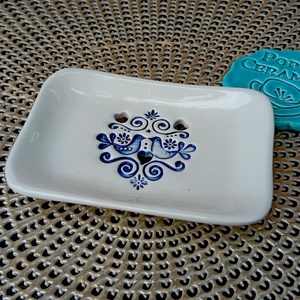 Kék madárka mintás kerámia szappantartó - otthon & életmód - fürdőszoba - szappantartó - Meska.hu