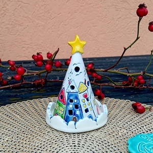 Házikó mintás kerámia mécsestartó - karácsony - adventi díszek - adventi asztaldísz - Meska.hu