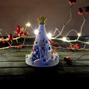 Házikó mintás kerámia mécsestartó - karácsony - adventi díszek - adventi asztaldísz - Meska.hu