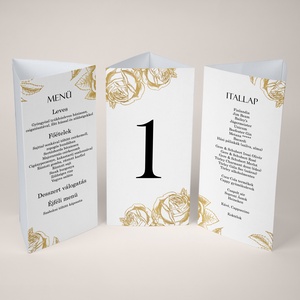 Esküvői menükártya asztalszámmal, arany színű rózsa mintával (digitális termék), Esküvő, Meghívó & Kártya, Menü, , MESKA