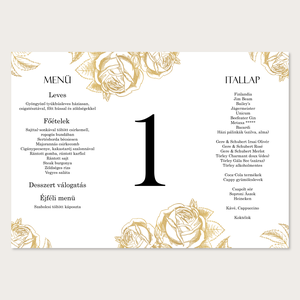 Esküvői menükártya asztalszámmal, arany színű rózsa mintával (digitális termék) - esküvő - meghívó & kártya - menü - Meska.hu
