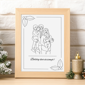 Családi portré karácsonyi keretben - Saját fotó alapján készült vonalrajz (digitális termék), Művészet, Grafika & Illusztráció, Digitális, , MESKA