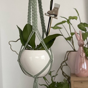 Virágtartó, makramé, almazöld, Otthon & Életmód, Virágdekoráció, Virágtartó, Függő virágtartó, Csomózás, MESKA