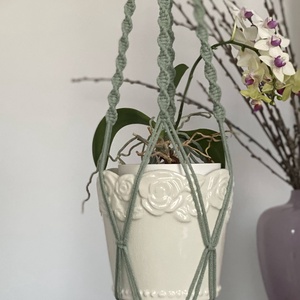 Virágtartó, makramé, menta, Otthon & Életmód, Virágdekoráció, Virágtartó, Függő virágtartó, Csomózás, MESKA