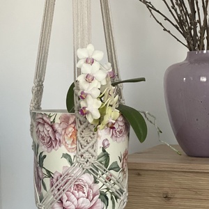 Virágtartó, makramé, bézs - otthon & életmód - virágdekoráció - virágtartó - függő virágtartó - Meska.hu