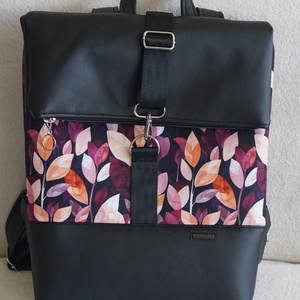 Kihajtható hátizsák fekete-bordó leveles mintás, Táska & Tok, Hátizsák, Roll top hátizsák, Varrás, MESKA