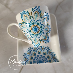 Kézzel festett mandala kávésbögre tálkával, egyedi porcelán bögre kék arany - otthon & életmód - konyhafelszerelés, tálalás - tálalás - teás- és kávés pohár, készlet - Meska.hu