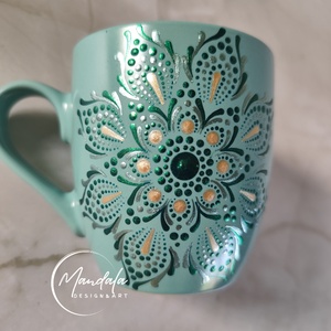 Kézzel festett mandala teásbögre, egyedi porcelán bögre smaragd, pezsgő színben  - Meska.hu