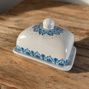 Kézzel festett egyedi porcelán vajtartó mandala mintval, konyhai dekoráció kék színben  - Meska.hu