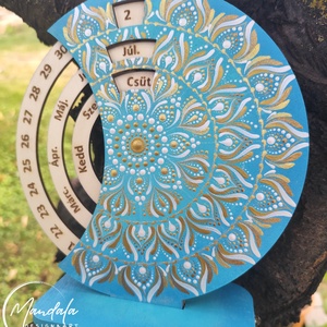 Öröknaptár kézzel festve mandala mintával türkiz,arany, fehér , Otthon & Életmód, Dekoráció, Fali és függő dekoráció, Falinaptár & Öröknaptár, Festett tárgyak, MESKA