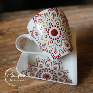 Kézzel festett mandala kávés/cappuccinos bögre tálkával bordó, bézs, arany  - Meska.hu