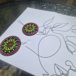 Mandala pontozott fa-akril fülbevaló 5cm hand made egyedi új (II) - ékszer - fülbevaló - lógós kerek fülbevaló - Meska.hu