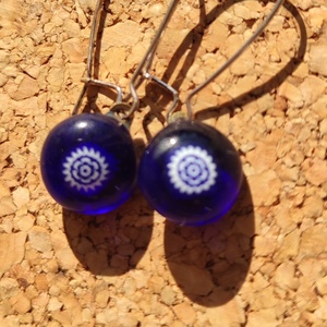 Sötétkék millefiori virágos füli, Ékszer, Fülbevaló, Lógó fülbevaló, Ékszerkészítés, Üvegművészet, MESKA