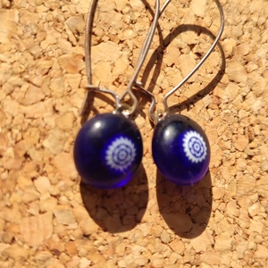 Sötétkék millefiori virágos füli - ékszer - fülbevaló - lógó fülbevaló - Meska.hu